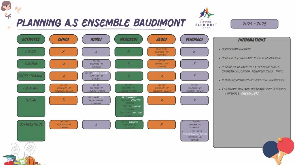 planning des associations sportives Baudimont Arras